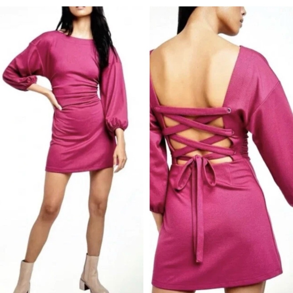 Free People Bianca Womens Dress Barbie Pink Medium open tie back  Long Sleeve
